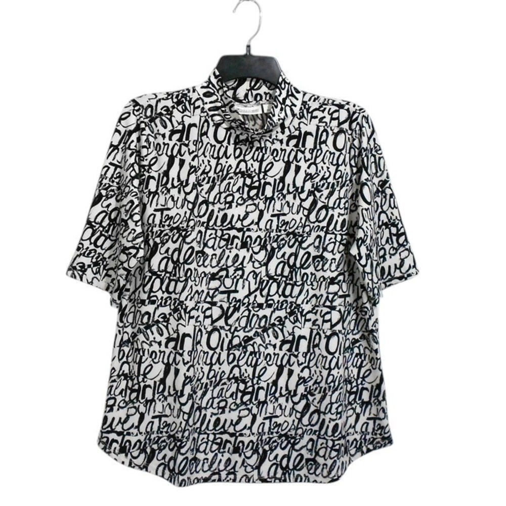 New York & Co. Top Large Ivory Black Short Sleeve Mock Neck Script Work Casual